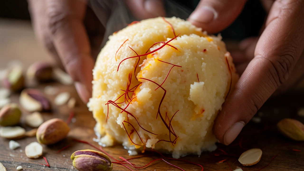 Artisan hand-rolling saffron-infused Mawa laddoo with visible steam and nuts