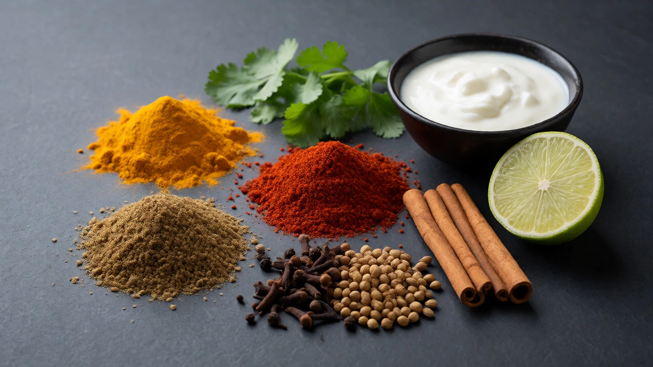 Assorted curry spices, yogurt, and herbs arranged on slate