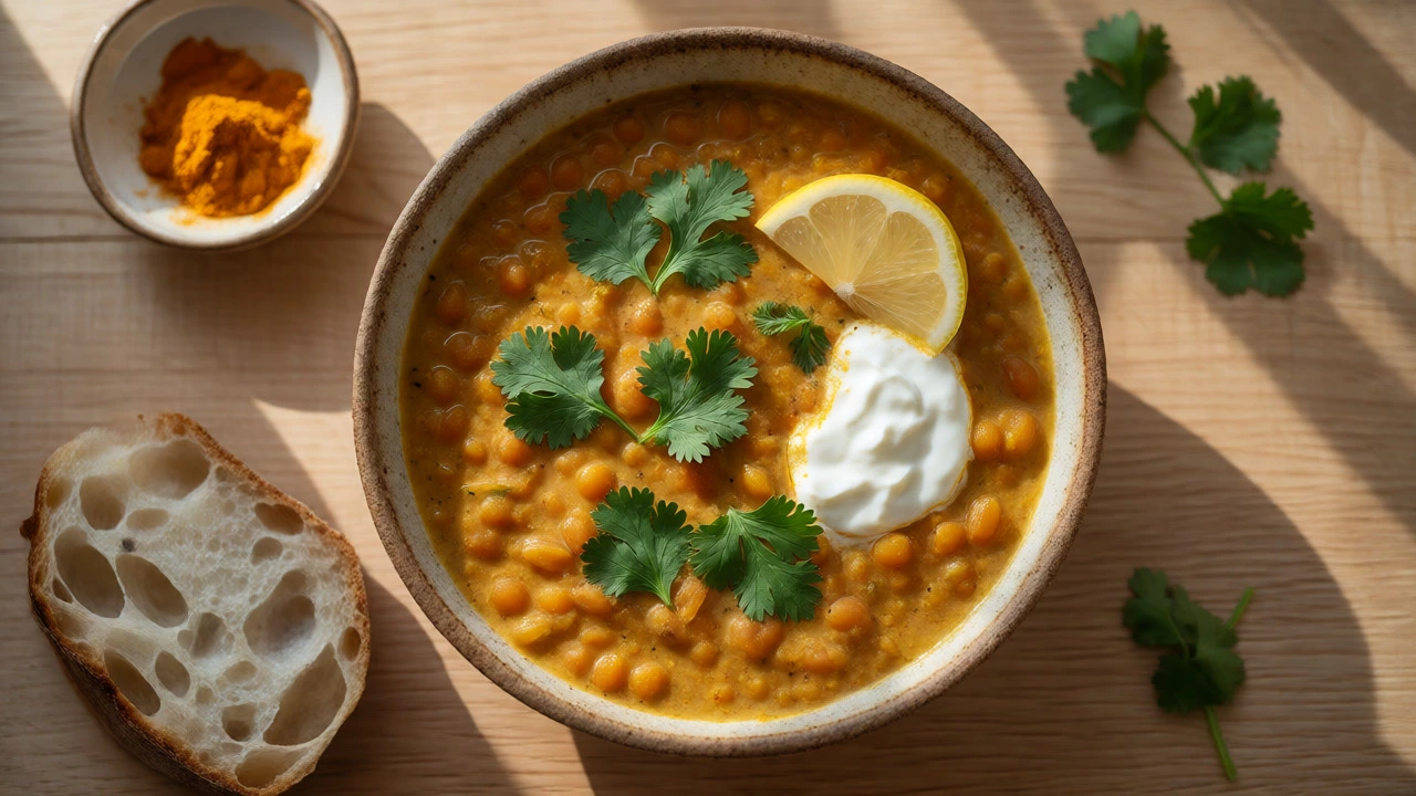 Bowl of creamy red lentil dal with cilantro, lemon, and sourdough