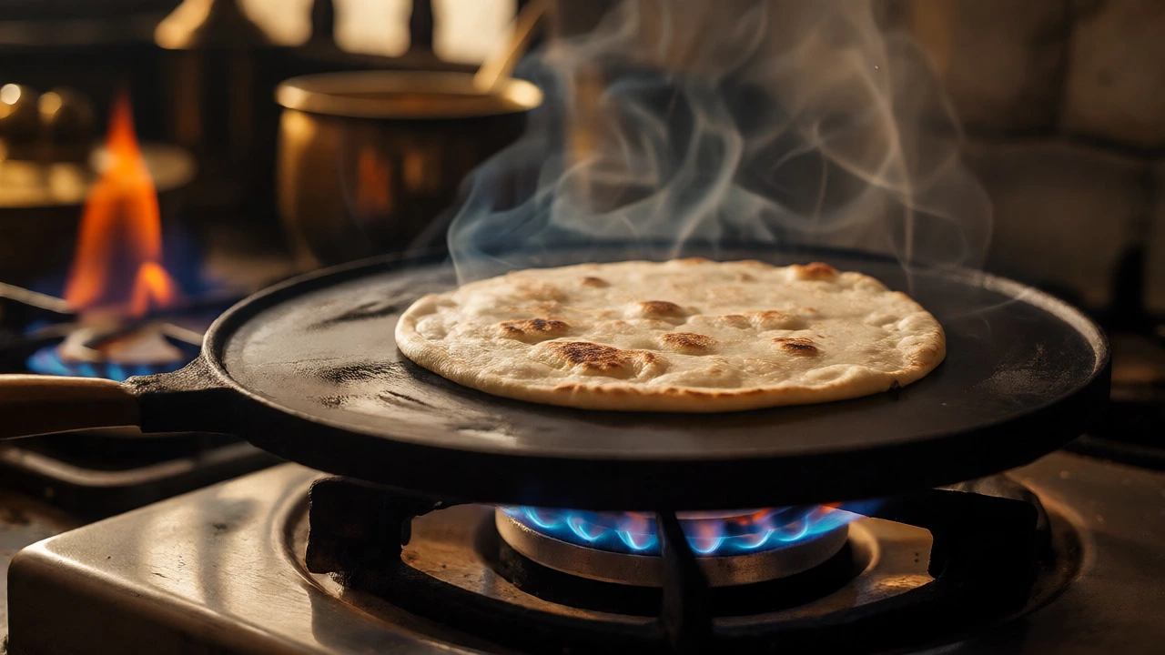 Chapati being cooked on a hot cast-iron tawa with steam rising.