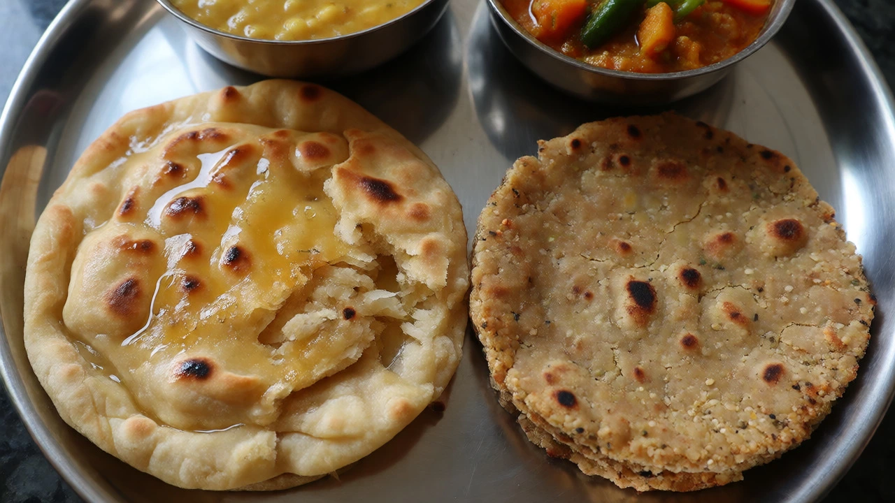Comparison of a ghee-brushed chapati and a dry millet roti on a plate.