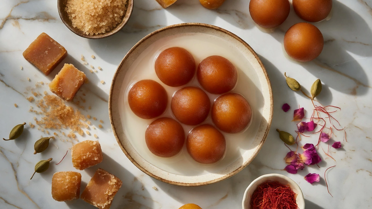 Flat lay of gulab jamuns in syrup surrounded by jaggery chunks and spices.