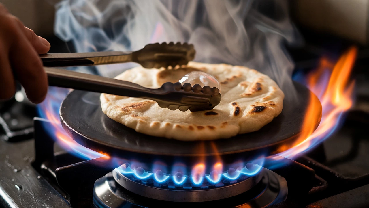 Flipping roti on a gas stove with high flames and large steam bubbles indicating active steaming.