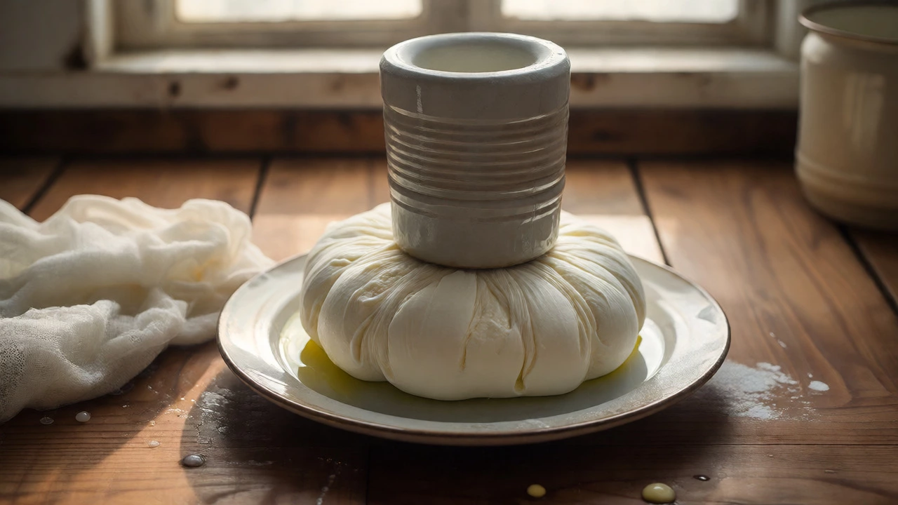 Fresh paneer curds wrapped in cheesecloth being pressed under weight