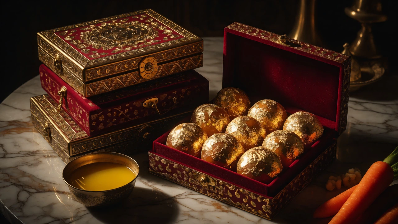 Gold-plated Indian sweets in velvet gift boxes alongside ghee and ingredients
