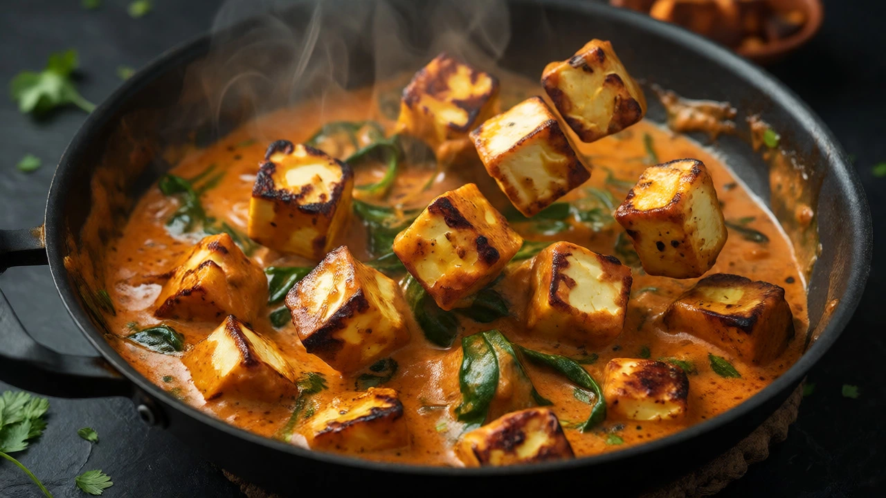 Grilled paneer cubes simmering in creamy spinach curry with steam