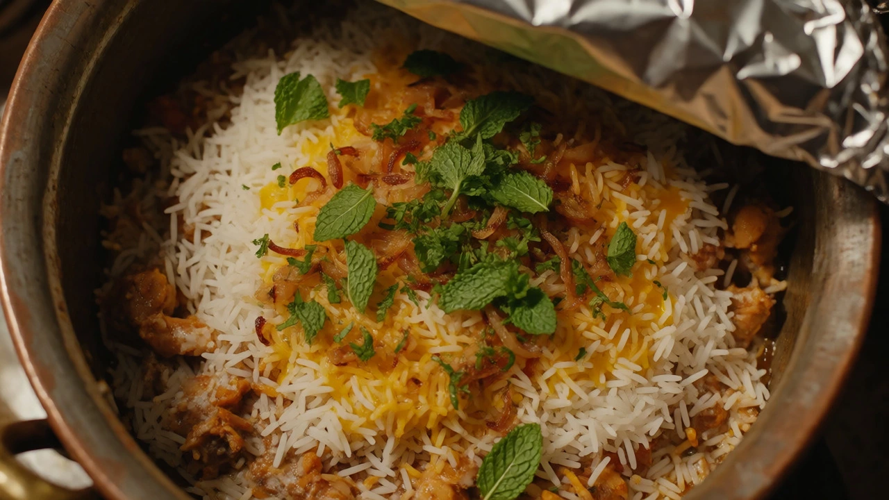 Layering marinated meat and rice in a sealed pot