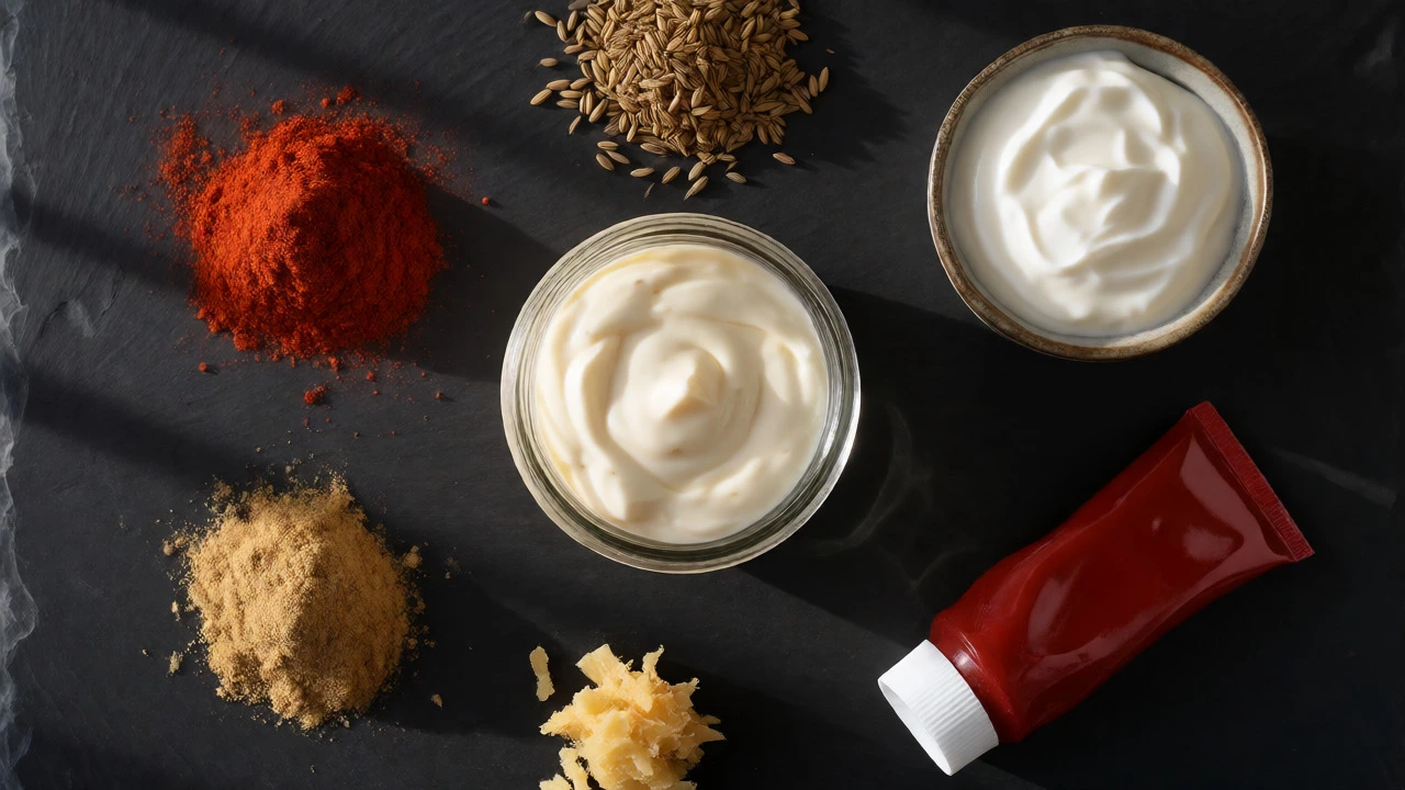 Overhead view of tandoori mayo ingredients including mayo, spices, and yogurt.