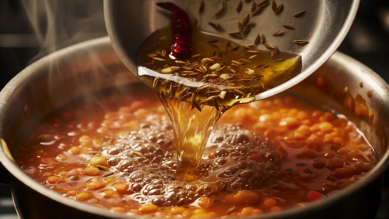 Pouring hot spiced ghee with cumin into simmering red lentil dal