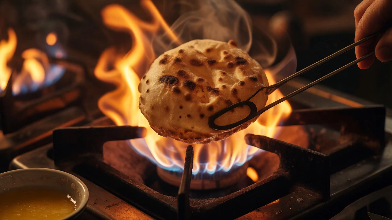 Puffed roti held directly over open gas flame with tongs, showing golden char and steam expansion.