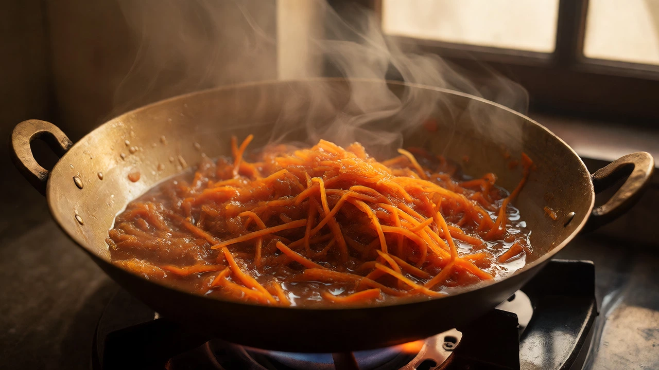 Simmering carrot halwa with khandsari sugar in a brass pot with rising steam.