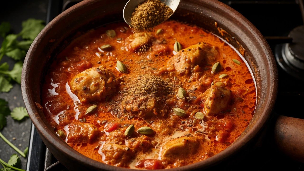 Simmering chicken curry with whole spices and garam masala