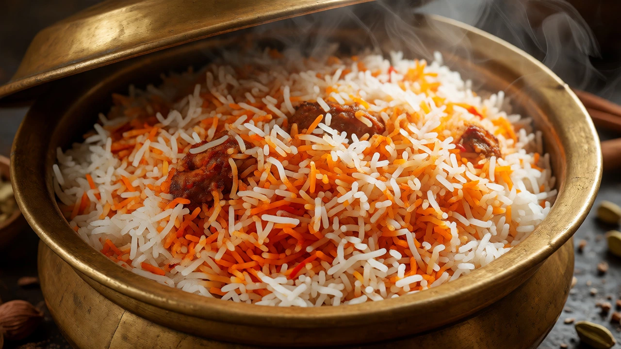 Steaming hot biryani revealed with aromatic steam
