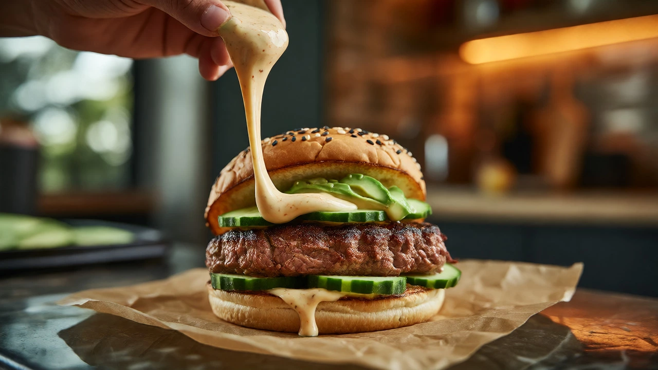 Tandoori mayonnaise being drizzled over a lamb burger with fresh toppings.
